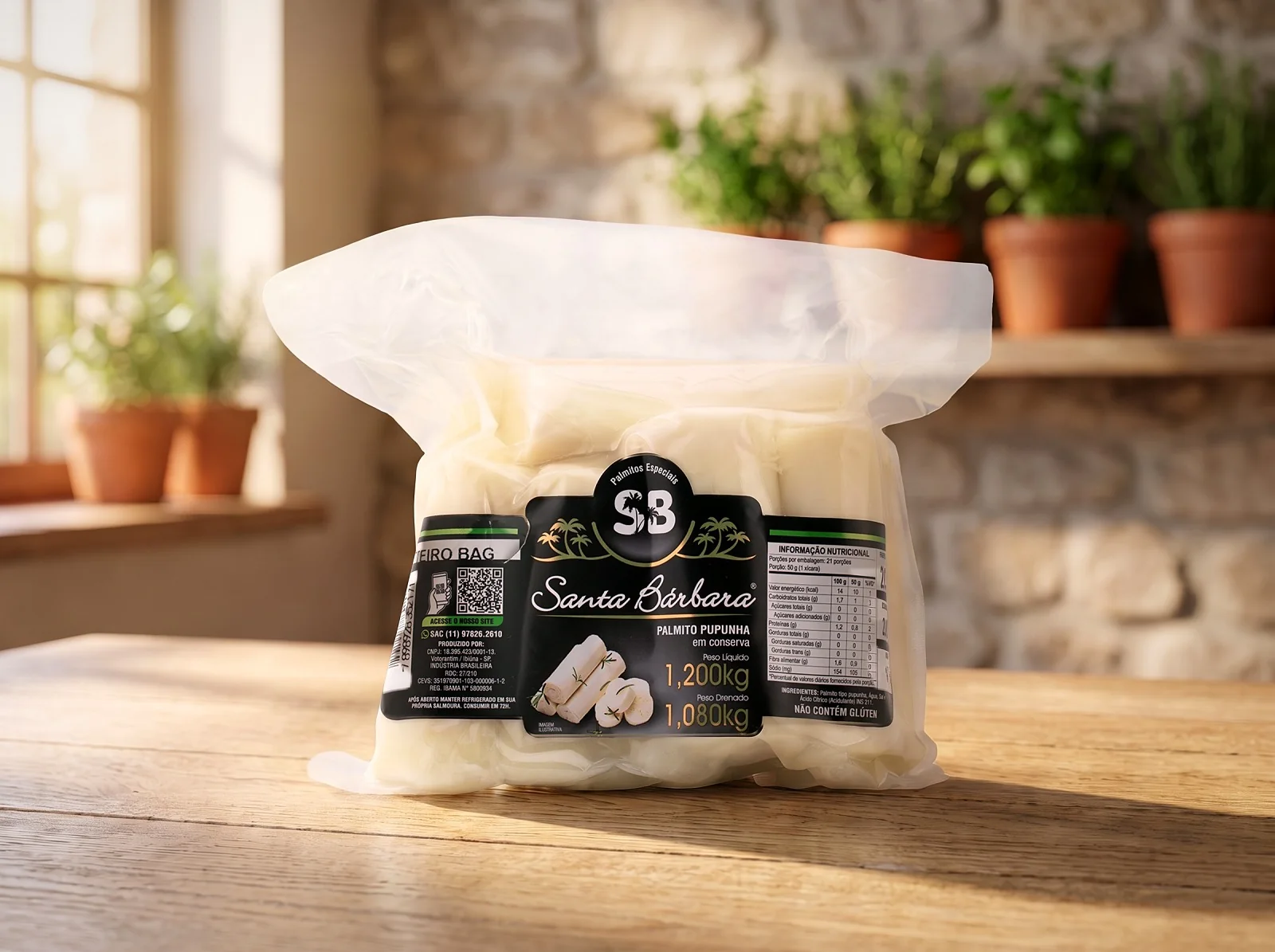 Bag de 1,08 kg de palmito de pupunha inteiro Santa Bárbara em pé na mesa