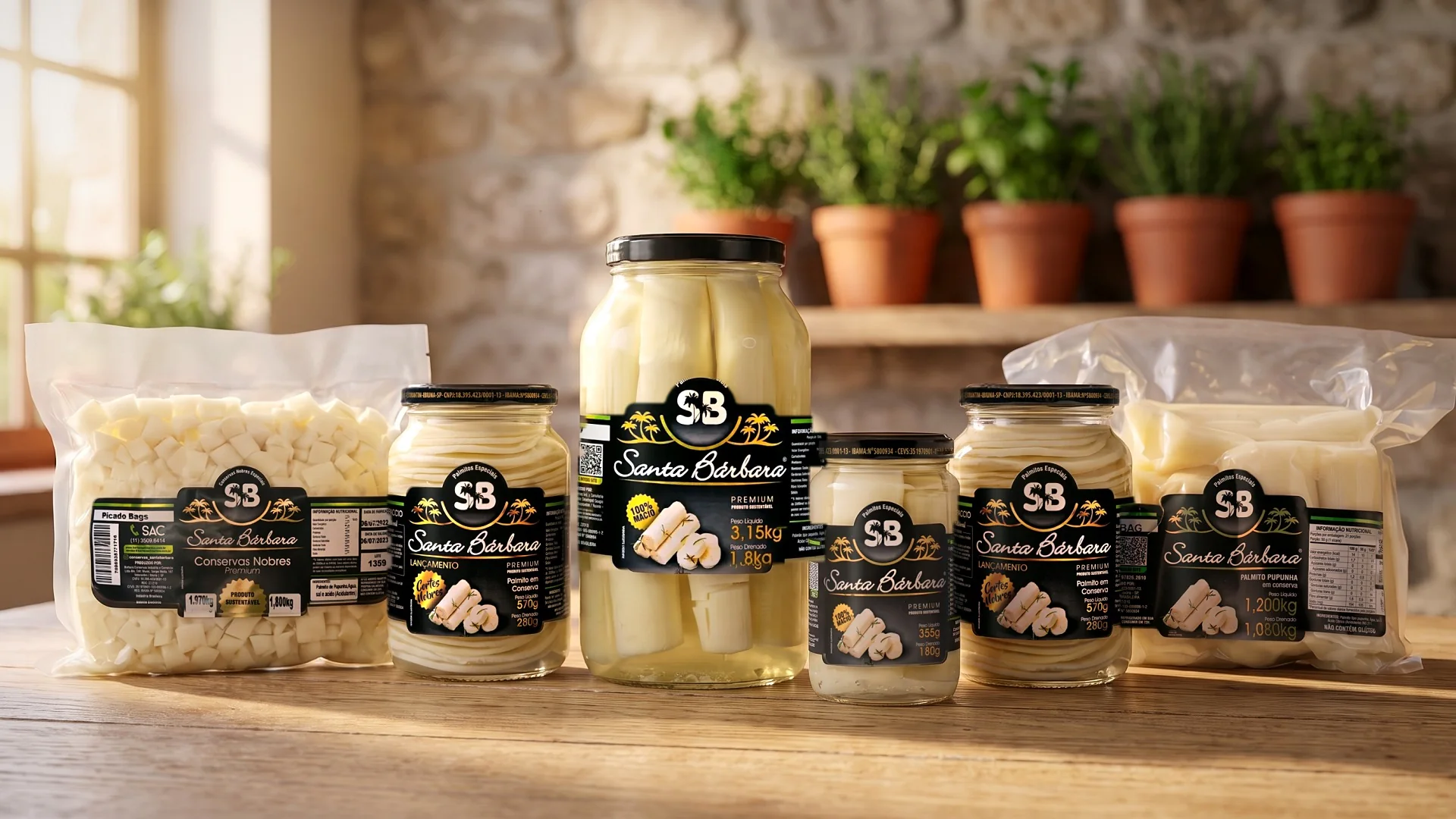A linha Santa Bárbara lado a lado numa mesa de madeira: bag de 1,8 kg, vidro de 570 g, vidro de 1,8 kg, vidro de 180 g, vidro de 570 g e bag de 1,08 kg