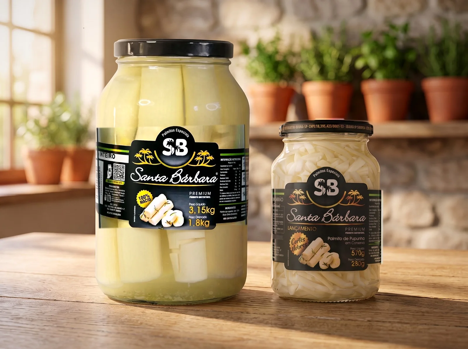 Vidro de 1,8 kg de palmito inteiro Santa Bárbara ao lado de um vidro de 570 g, para comparar o tamanho