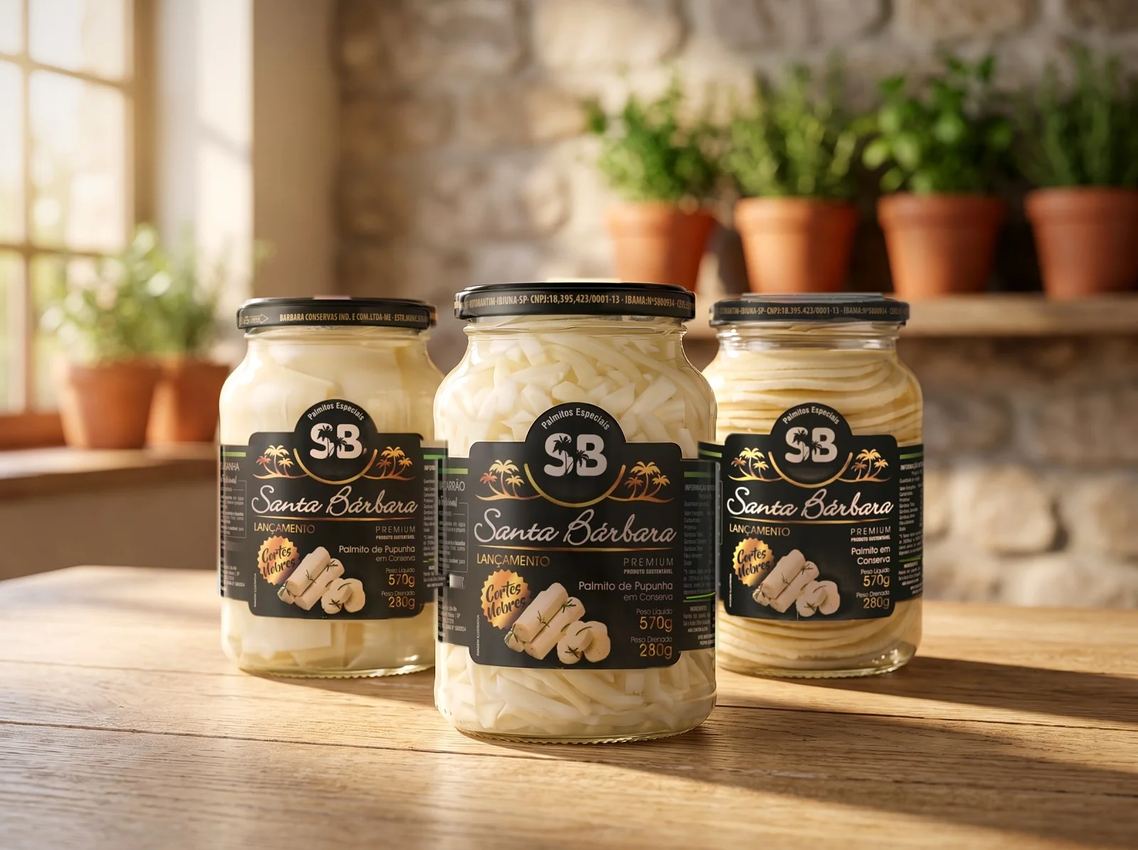 Vidros de 570 g Santa Bárbara, cortes lasanha, macarrão e carpaccio, numa mesa de madeira