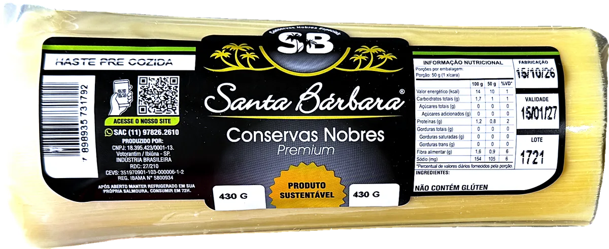 Foto do pacote da Haste Pré-cozida 430 g Santa Bárbara, com o rótulo e a haste de pupunha à vista