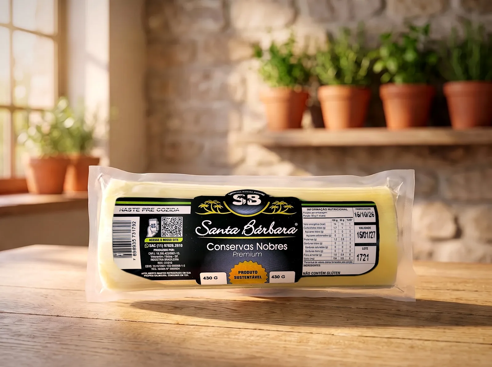 Pacote da Haste Pré-cozida 430 g Santa Bárbara, Conservas Nobres Premium, numa mesa de madeira com luz de janela