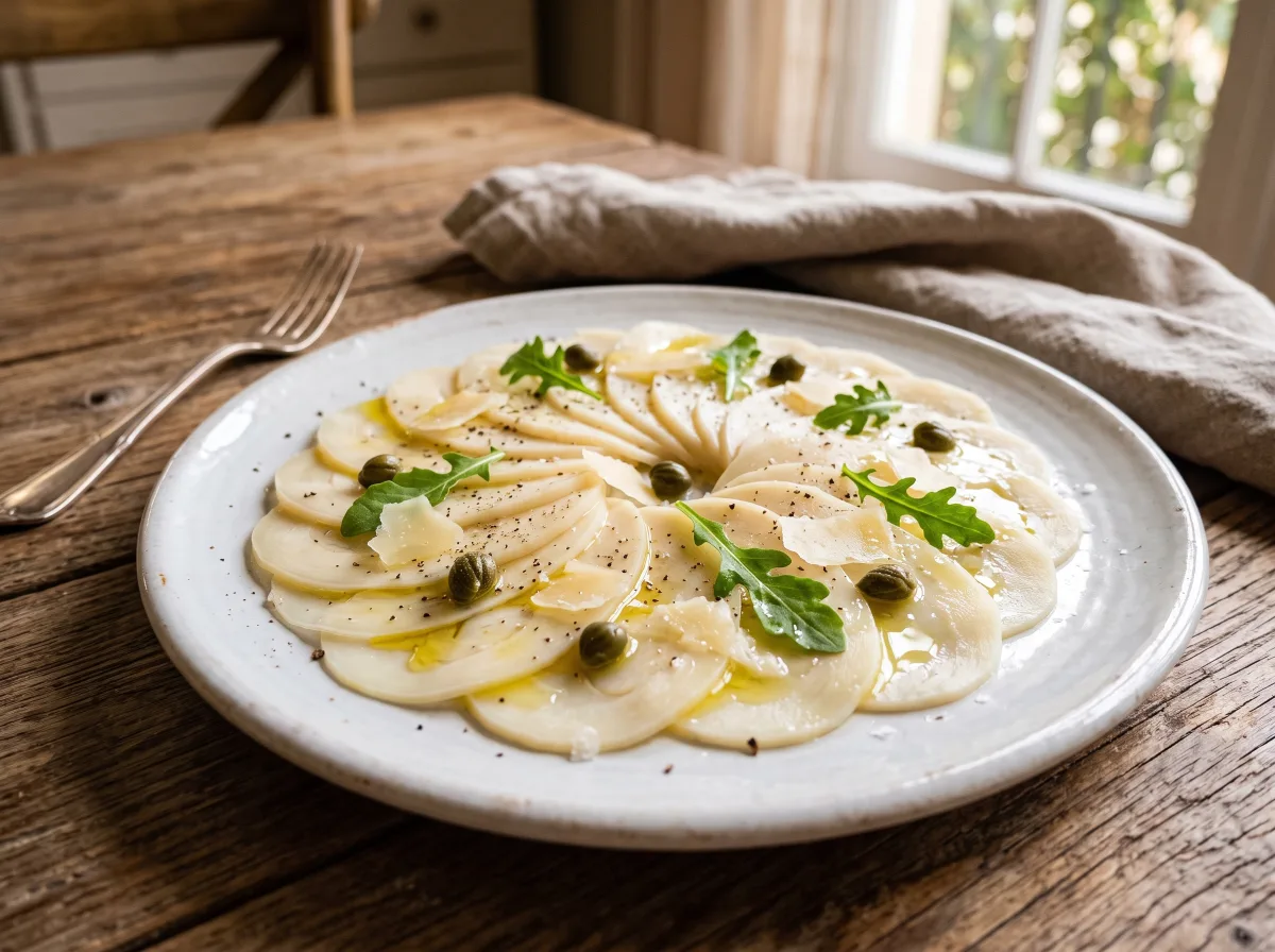 Carpaccio de palmito de pupunha com azeite, feito com o corte carpaccio Santa Bárbara