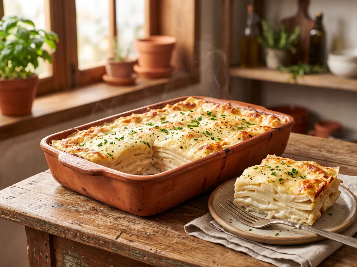Lasanha de palmito de pupunha gratinada, feita com o corte lasanha Santa Bárbara