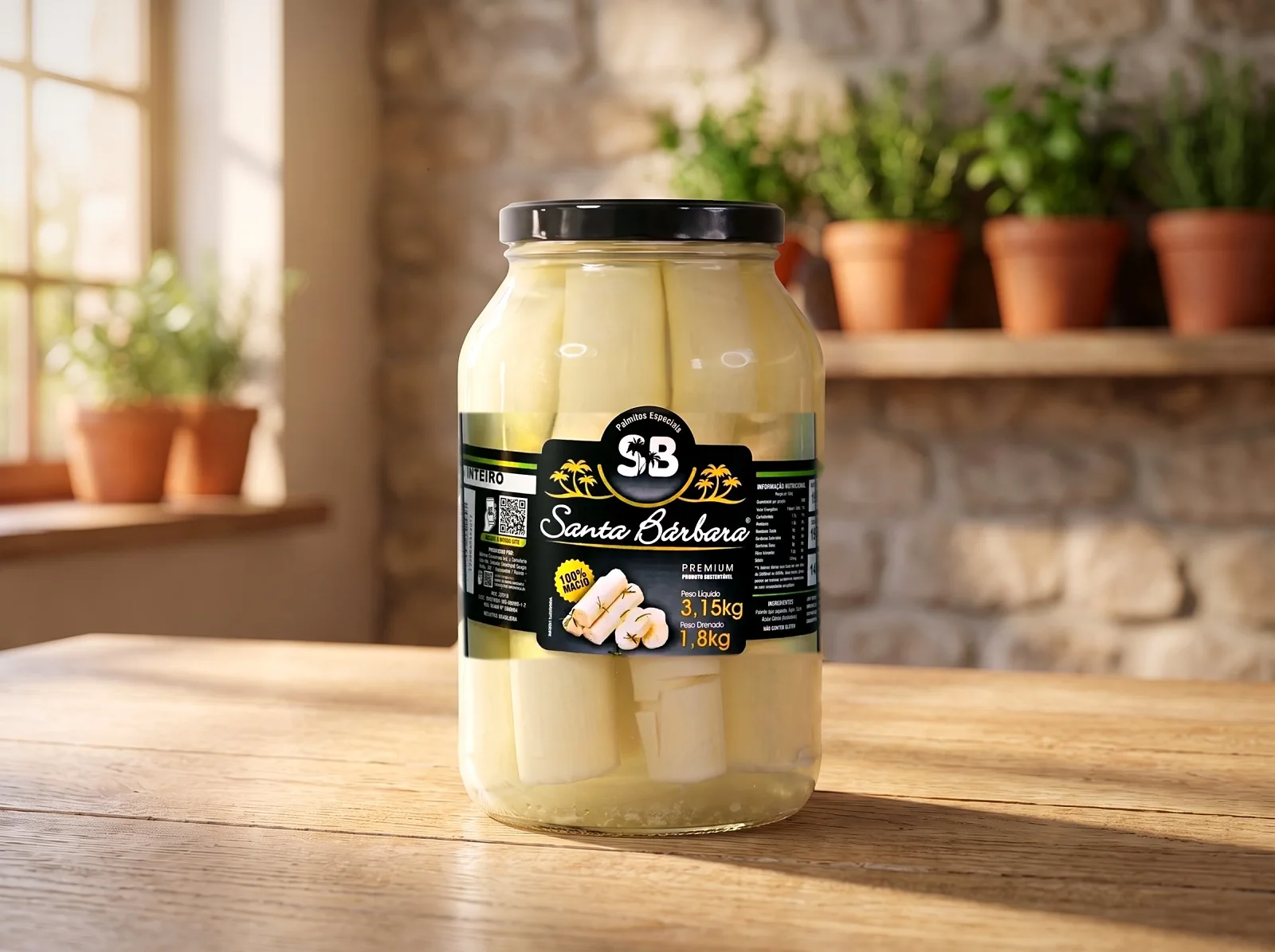Vidro de 1,8 kg de palmito de pupunha inteiro Santa Bárbara numa mesa de madeira, com luz de janela