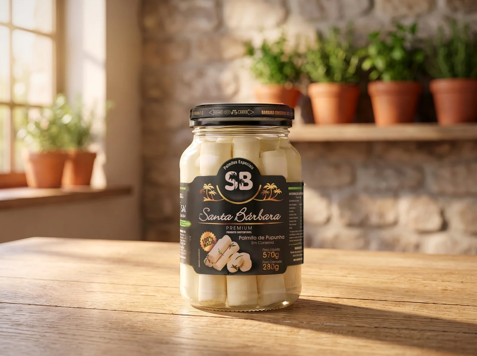Vidro de 570 g de palmito de pupunha inteiro Santa Bárbara numa mesa de madeira, com luz de janela