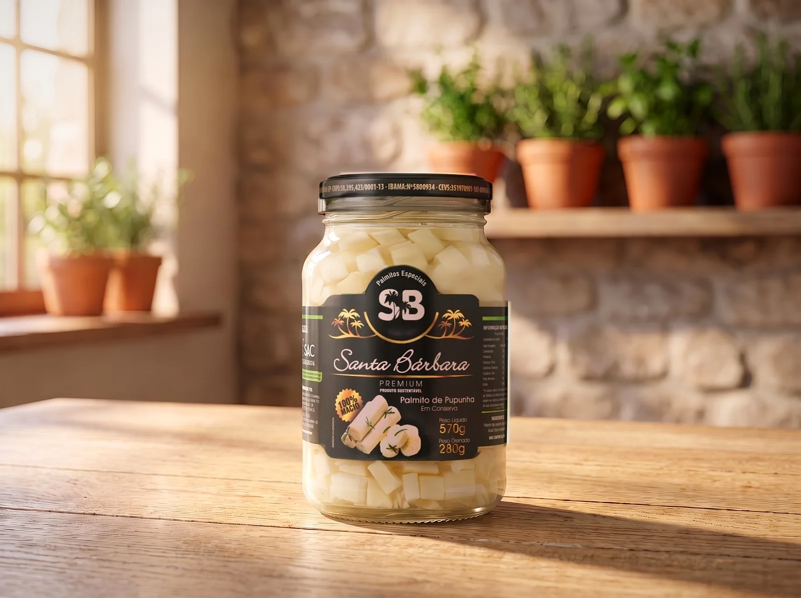 Vidro de 570 g de palmito de pupunha picado Santa Bárbara numa mesa de madeira