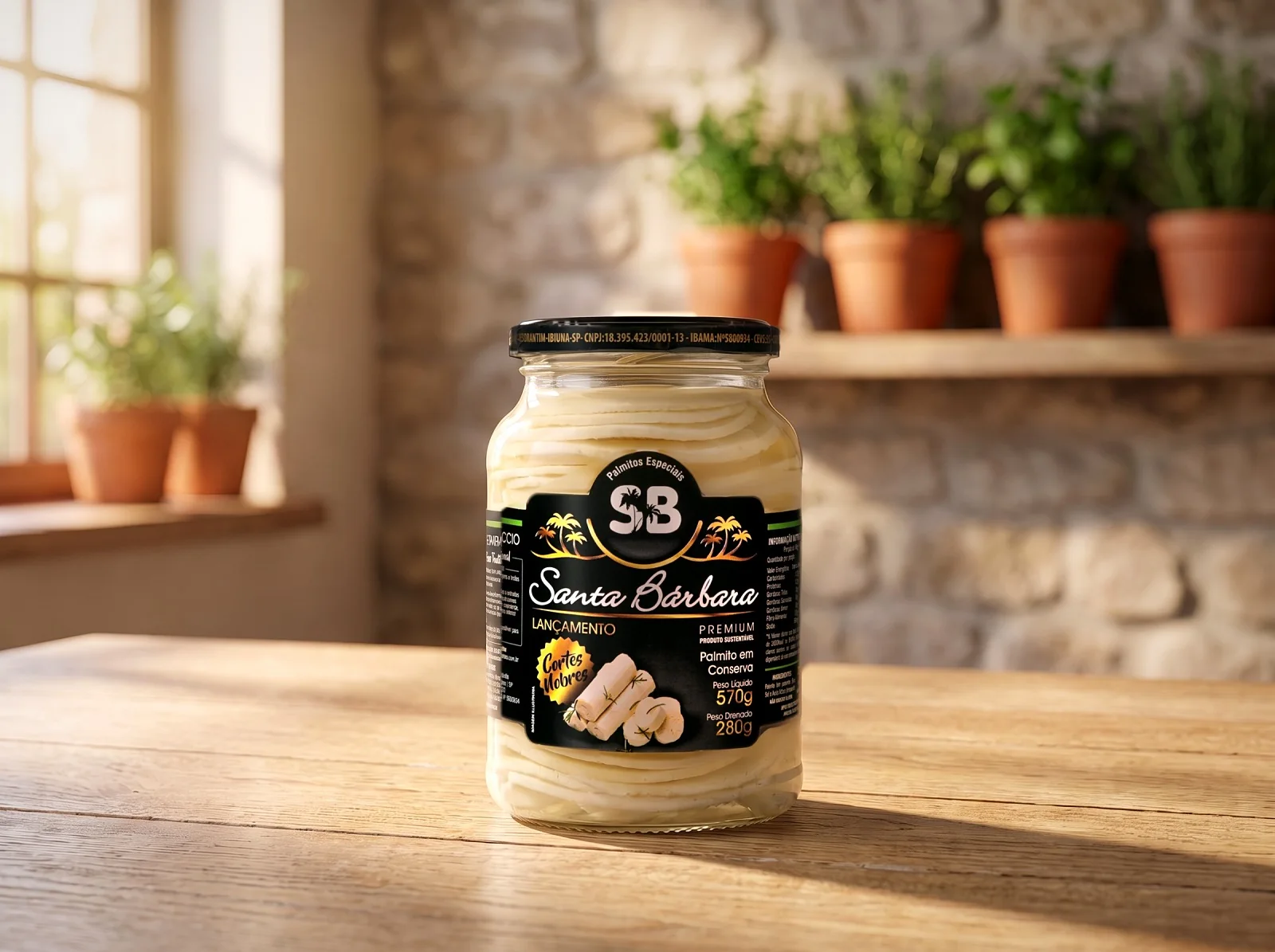 Vidro de 570 g de palmito de pupunha corte carpaccio Santa Bárbara numa mesa de madeira