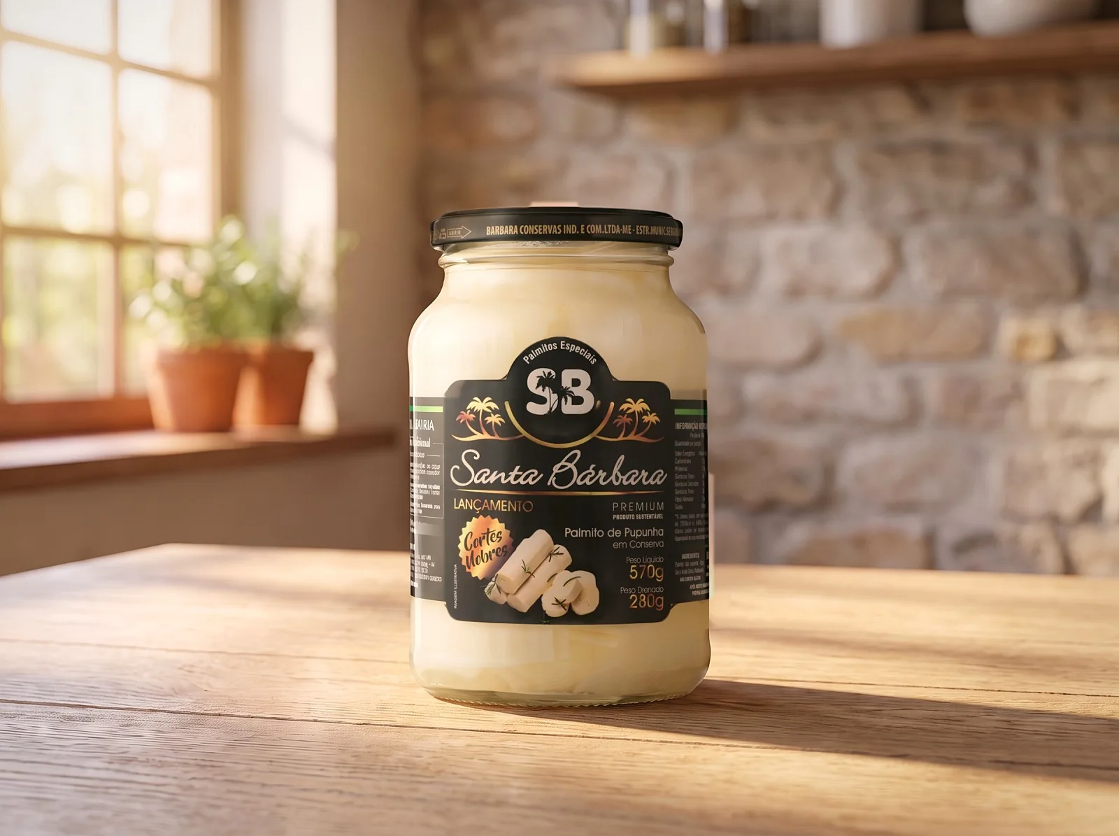 Vidro de 570 g de palmito de pupunha corte lasanha Santa Bárbara numa mesa de madeira