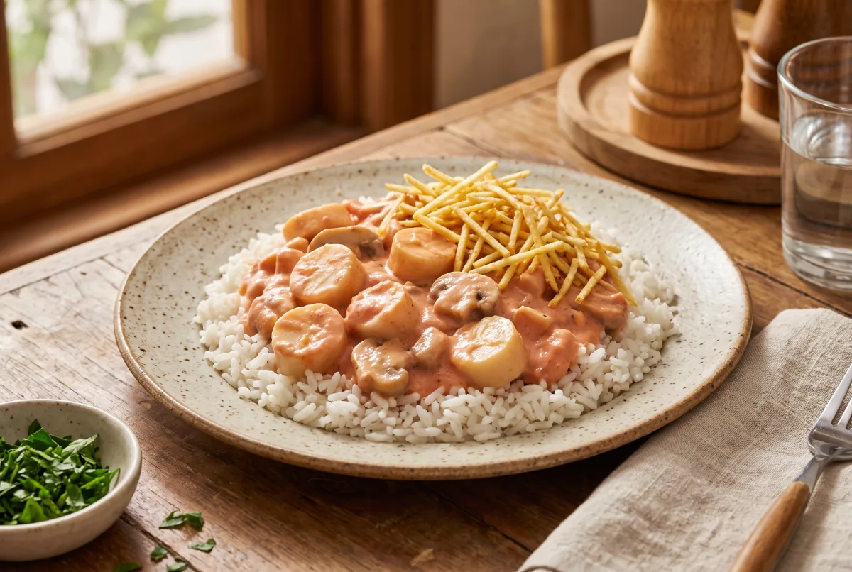 Estrogonofe de palmito com champignon