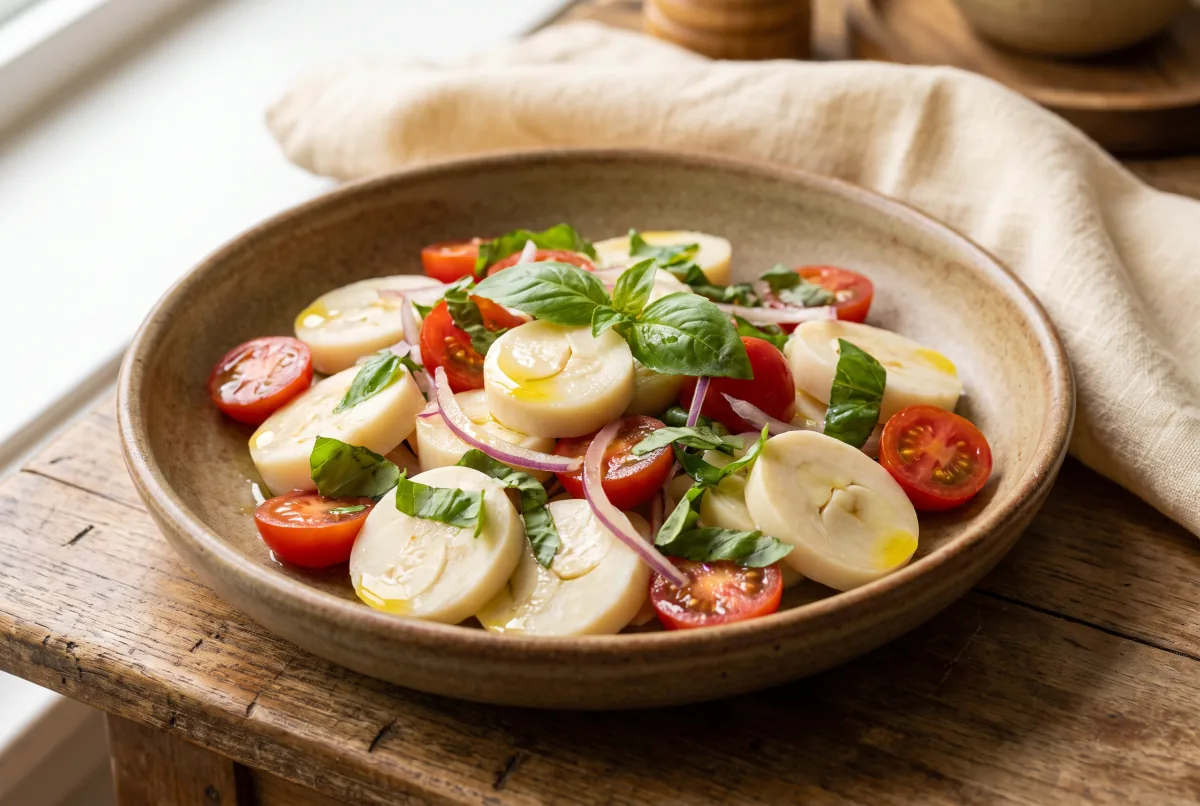 Salada de palmito com tomate e manjericão