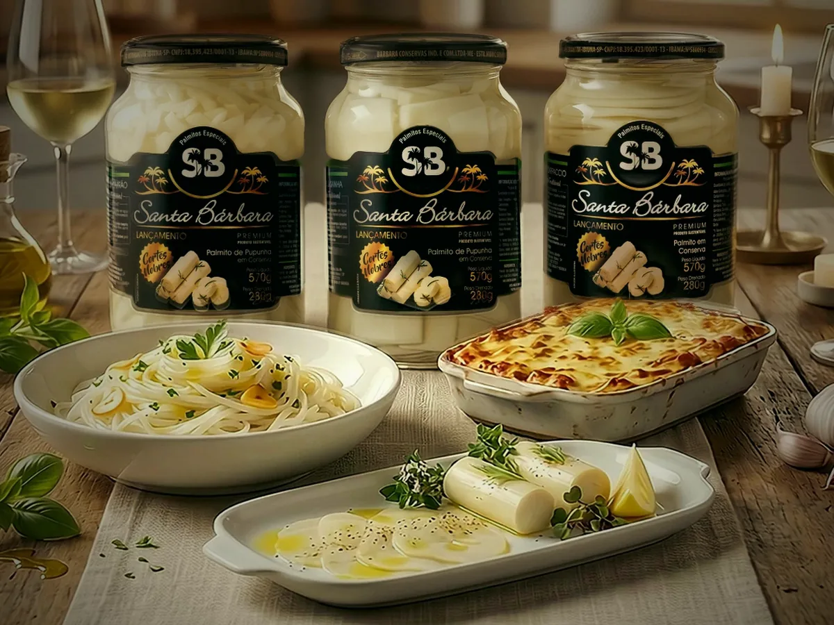 Os três vidros do Kit 3 Cortes Nobres Santa Bárbara na mesa, com macarrão, lasanha e carpaccio de palmito prontos